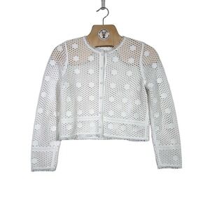 White Crochet Open Knit Textured Polka Dot Cropped Cardigan XS Snap Front
